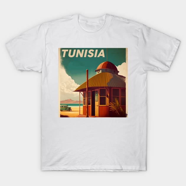 Tunisia Hut Vintage Travel Art Poster T-Shirt by OldTravelArt